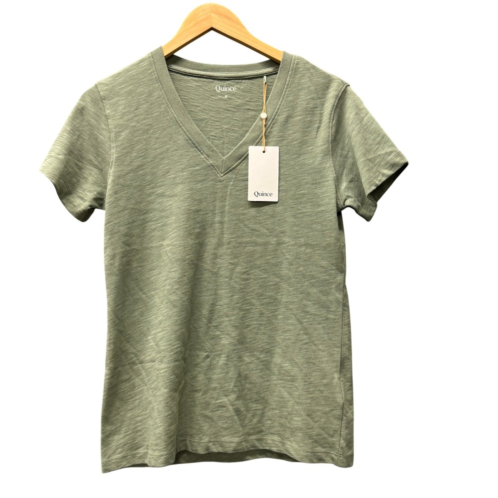 Quince T-Shirt Womens S 100% Organic Cotton Slub V-Neck Green Casual Tee NEW